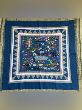 Vtg Hmong Thailand Story Cloth 36 x 38 Forest Jungle Animal Watering Hole Blue
